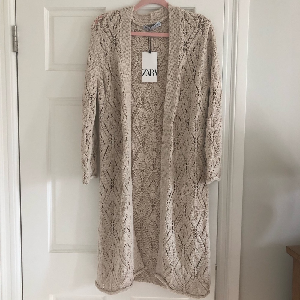 ✨NWT✨ Zara Long Pointelle Crochet Knit Open Cardigan Sweater Ecru Beige Small